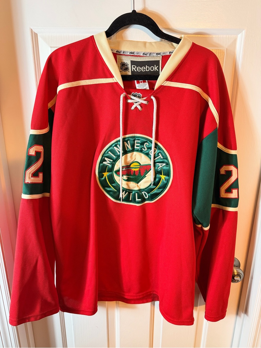 Reebok Men’s Red Minnesota Wild Lace-Up Hockey Jersey with Green Sleeves